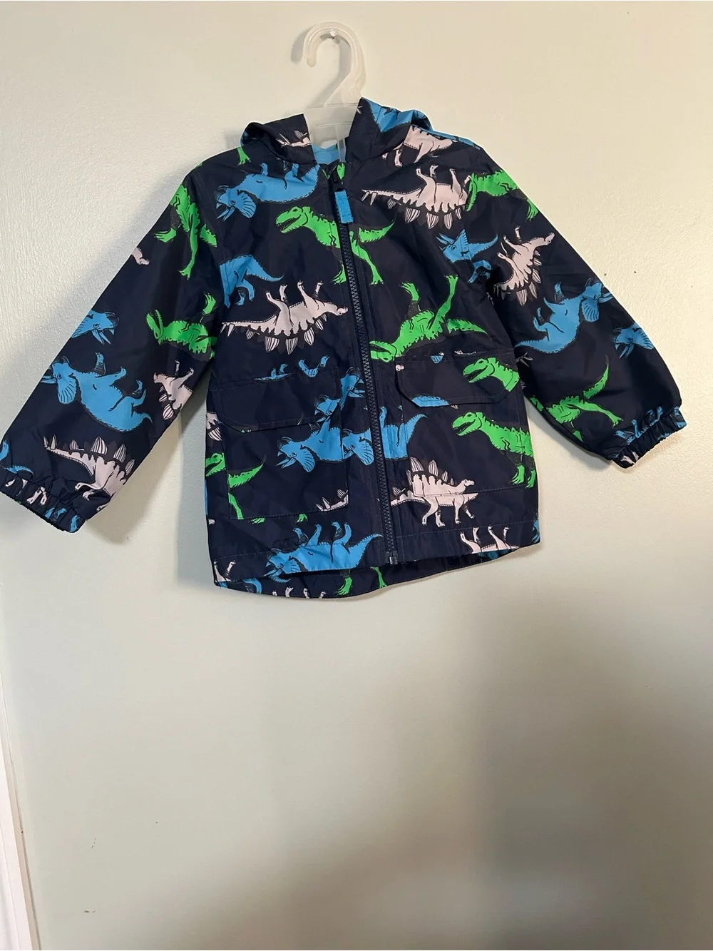 Carter's Navy Hooded Rain Jacket with Blue, Green & Gray Dinosaurs SZ 3T